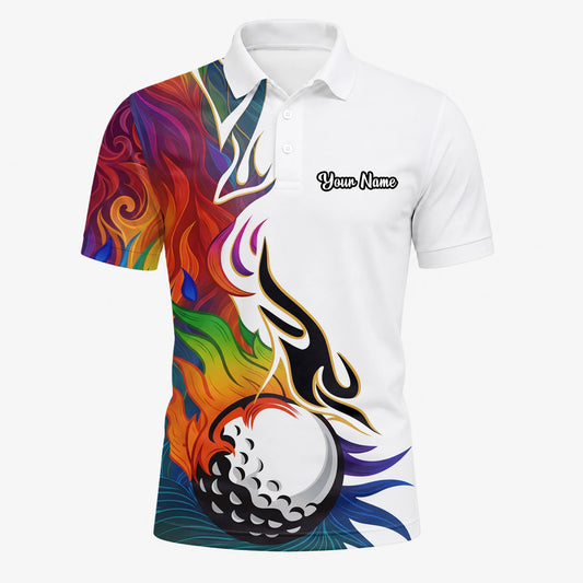 Personalised White Rainbow Flame Golf Ball Golf Polo Shirt For Men P6012
