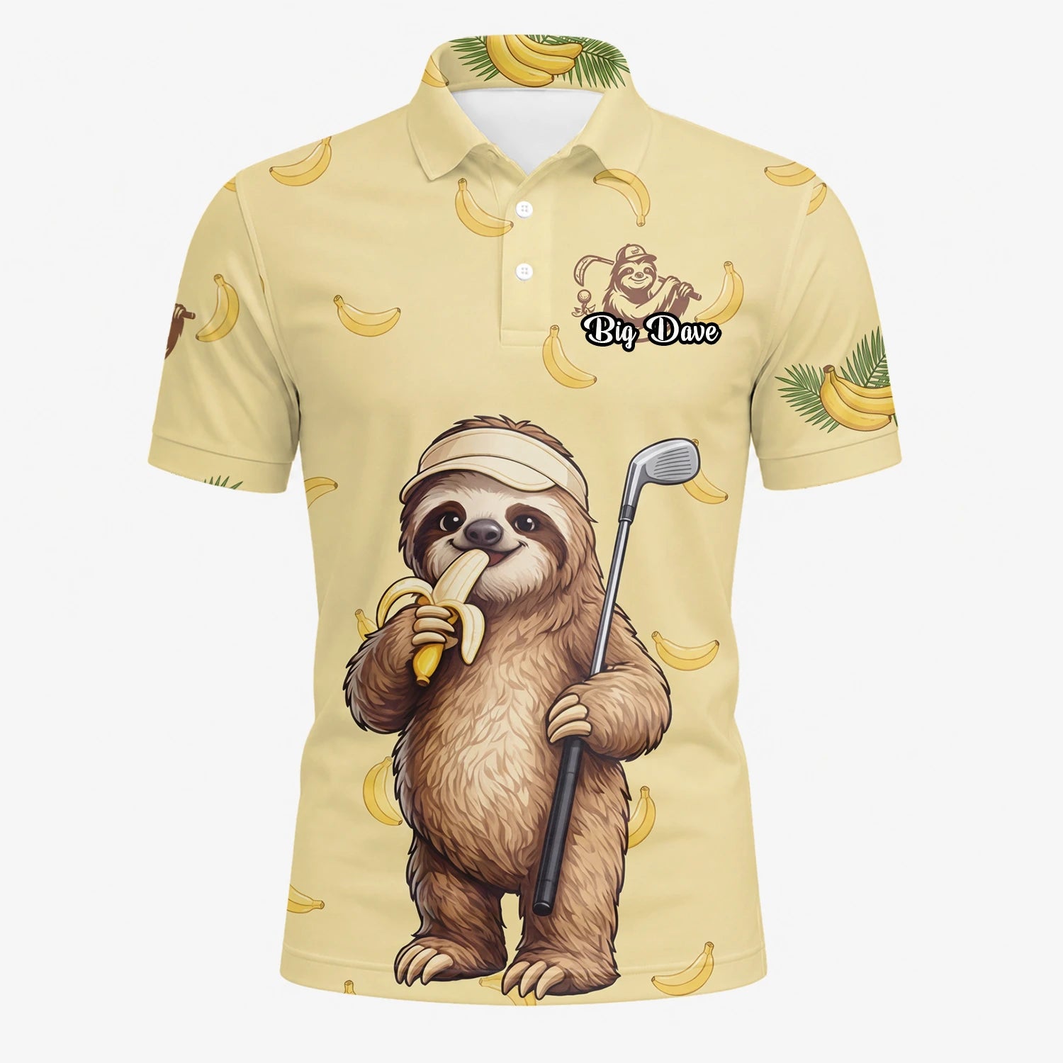 Personalised Pale Yellow Sloth Banana Golfer Cartoon Golf Polo Shirt For Men G3327