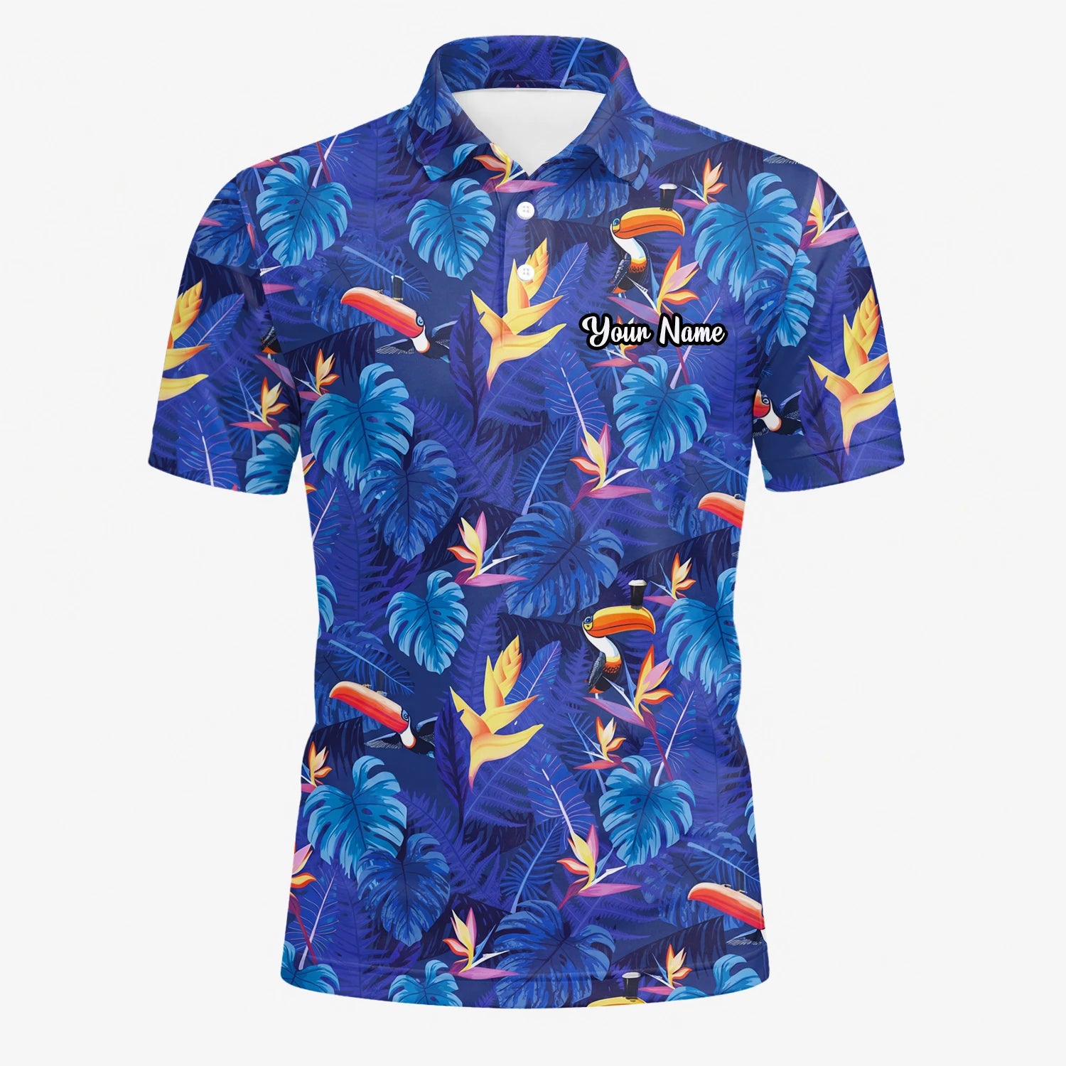 Personalised Navy Blue Tropical Toucan Leaf Golf Polo Shirt For Men S1836