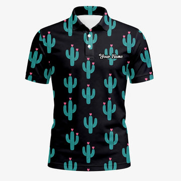 Personalised Black Turquoise Cactus Heart Golf Polo Shirt For Men L0709