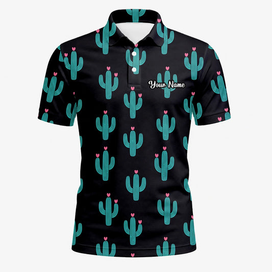 Personalised Black Turquoise Cactus Heart Golf Polo Shirt For Men L0709