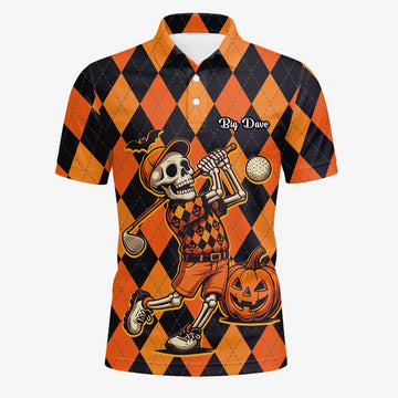 Personalised Orange Black Halloween Skeleton Golfer Argyle Golf Polo Shirt For Men I4585
