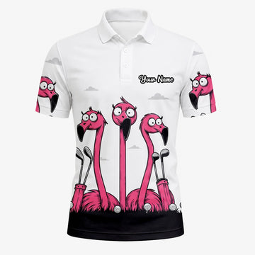 Personalised White Pink Flamingo Cartoon Golf Polo Shirt For Men I6113