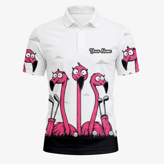 Personalised White Pink Flamingo Cartoon Golf Polo Shirt For Men I6113