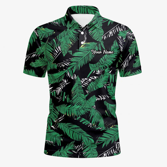 Personalised Black Green Tropical Banana Leaf Golf Polo Shirt For Men K8023