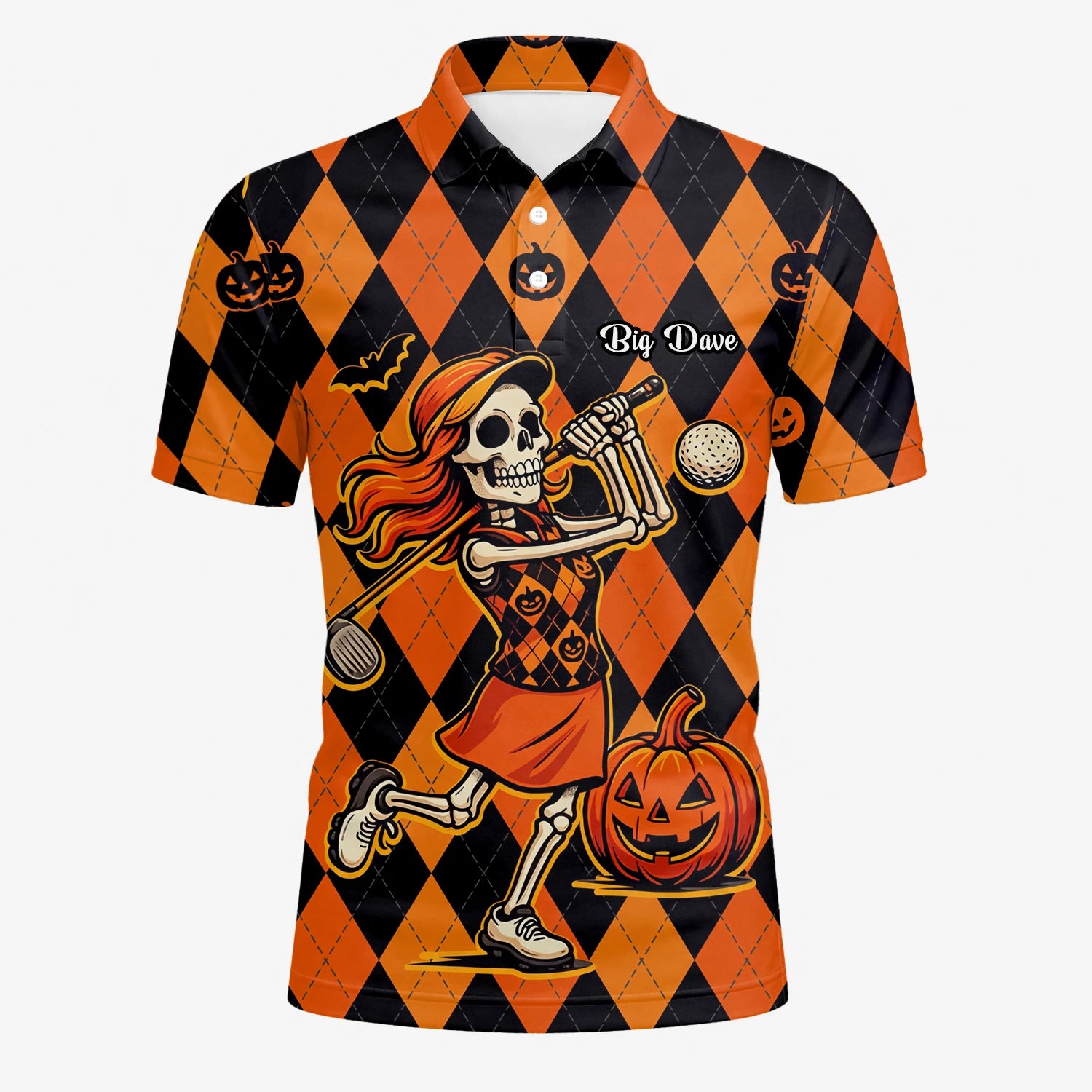 Personalised Orange Black Halloween Skeleton Golfer Pumpkin Argyle Golf Polo Shirt For Men Z9562