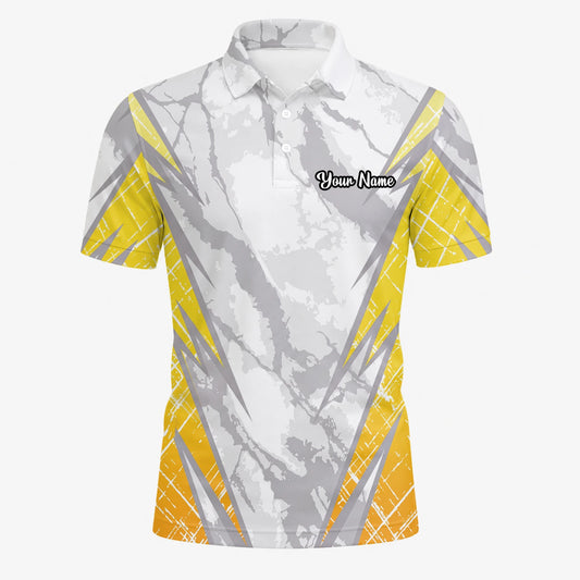 Personalised White Grey Yellow Marble Stripe Golf Polo Shirt For Men T6326