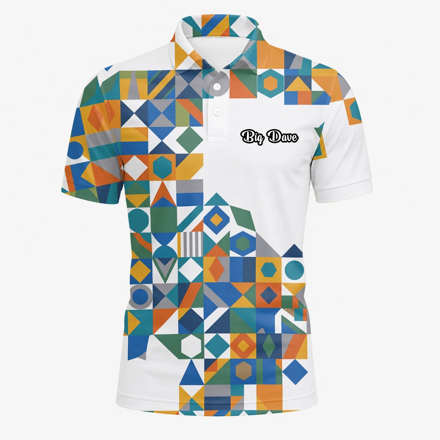 Personalised White Teal Orange Geometric Patchwork Golf Polo Shirt For Men K5362