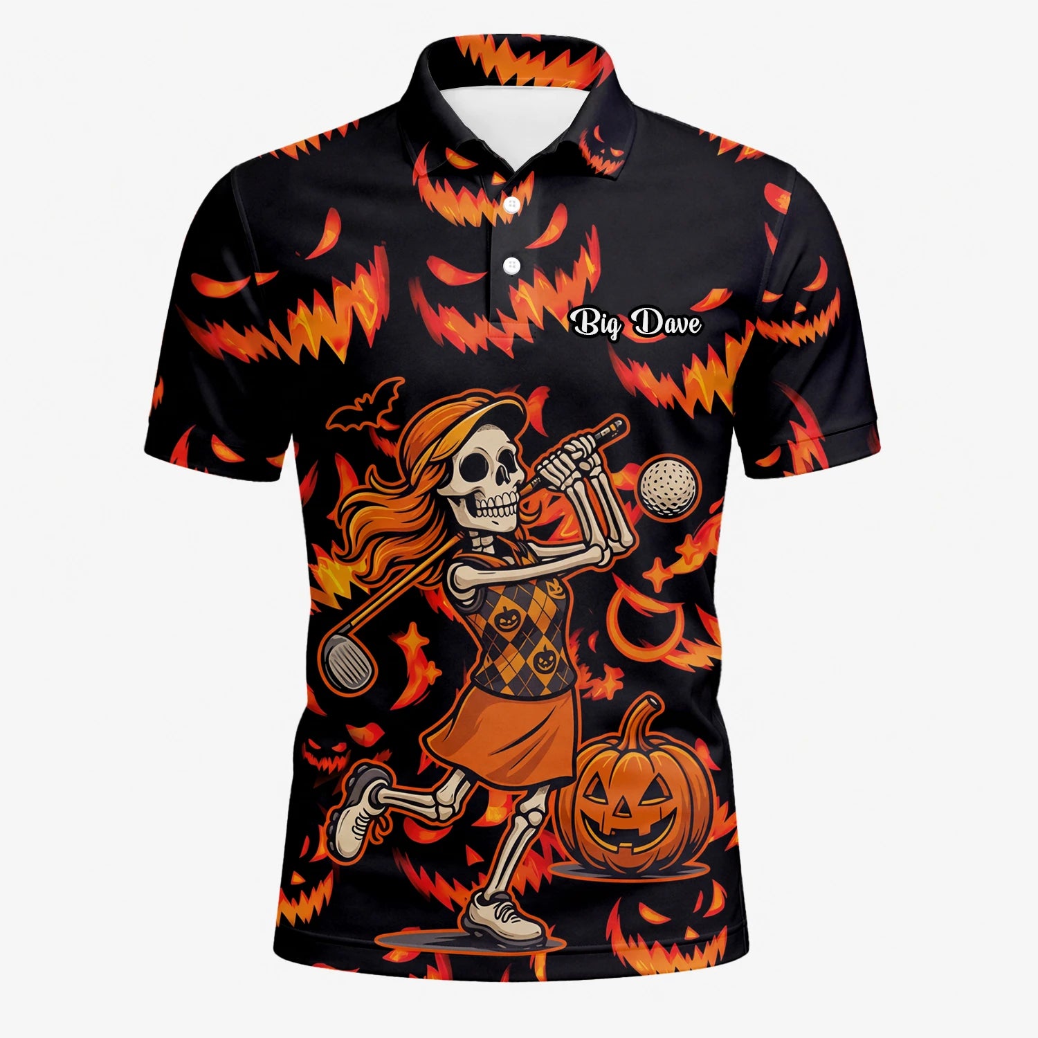 Personalised Black Orange Halloween Skeleton Golfer Pumpkin Golf Polo Shirt For Men N7108