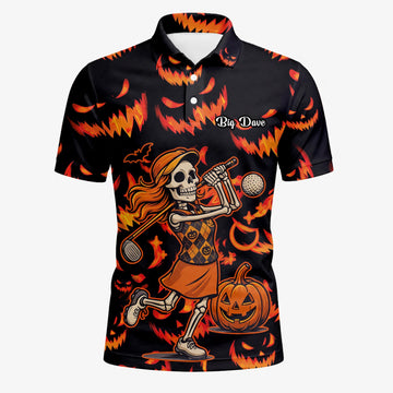 Personalised Black Orange Halloween Skeleton Golfer Pumpkin Golf Polo Shirt For Men N7108