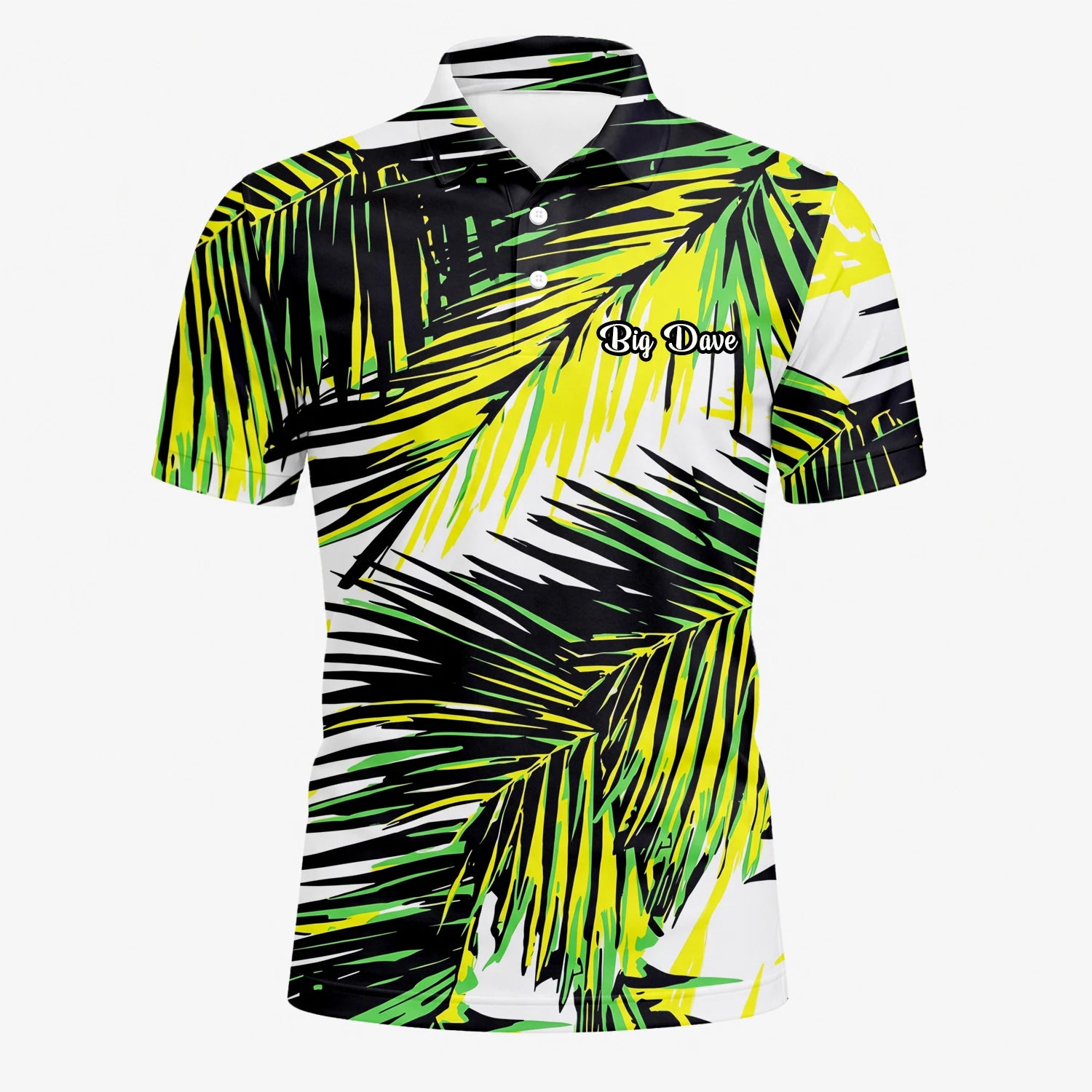 Personalised Black Lime Tropical Palm Leaf Golf Polo Shirt For Men R3070