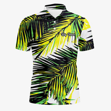 Personalised Black Lime Tropical Palm Leaf Golf Polo Shirt For Men R3070