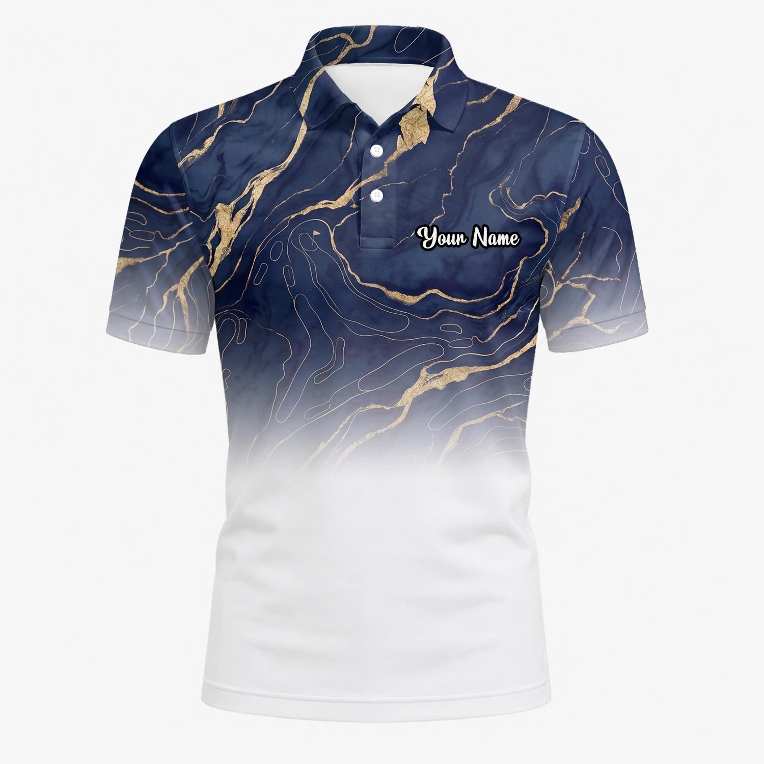 Personalised Navy White Marble Gold Vein Golf Polo Shirt For Men U5613