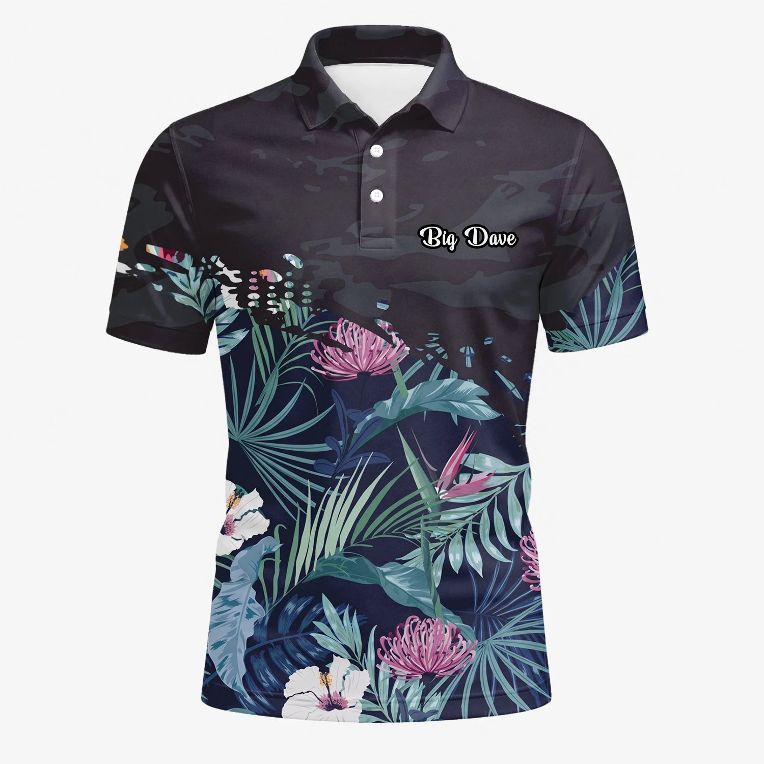 Personalised Navy Tropical Floral Leaf Golf Polo Shirt For Men N4110