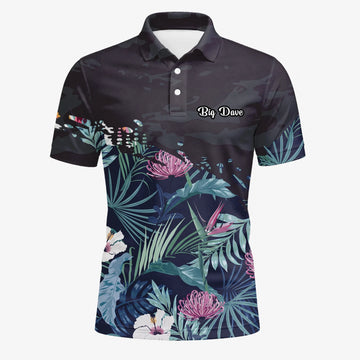 Personalised Navy Tropical Floral Leaf Golf Polo Shirt For Men N4110