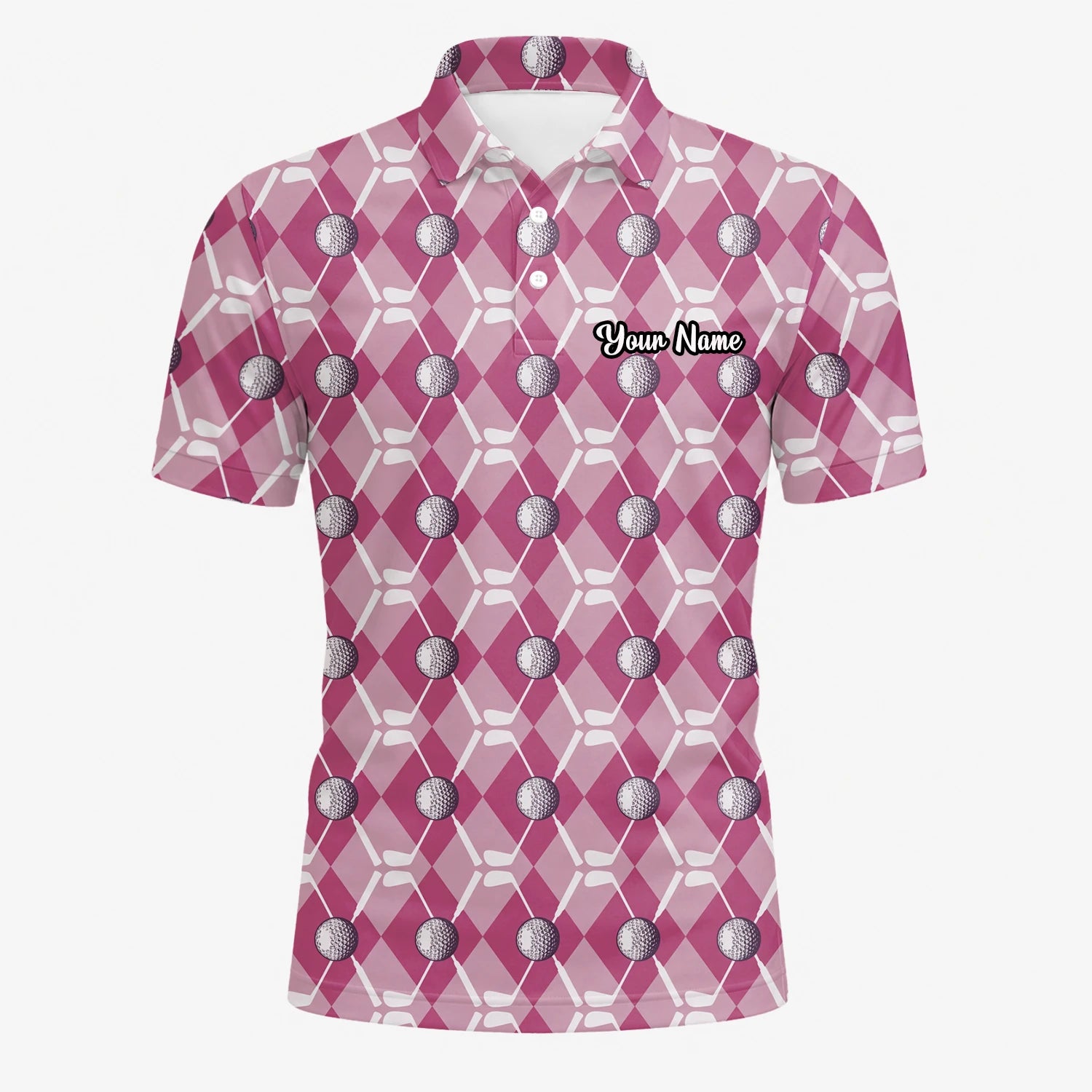 Personalised Pink Argyle Golf Ball Golf Polo Shirt For Men X0000