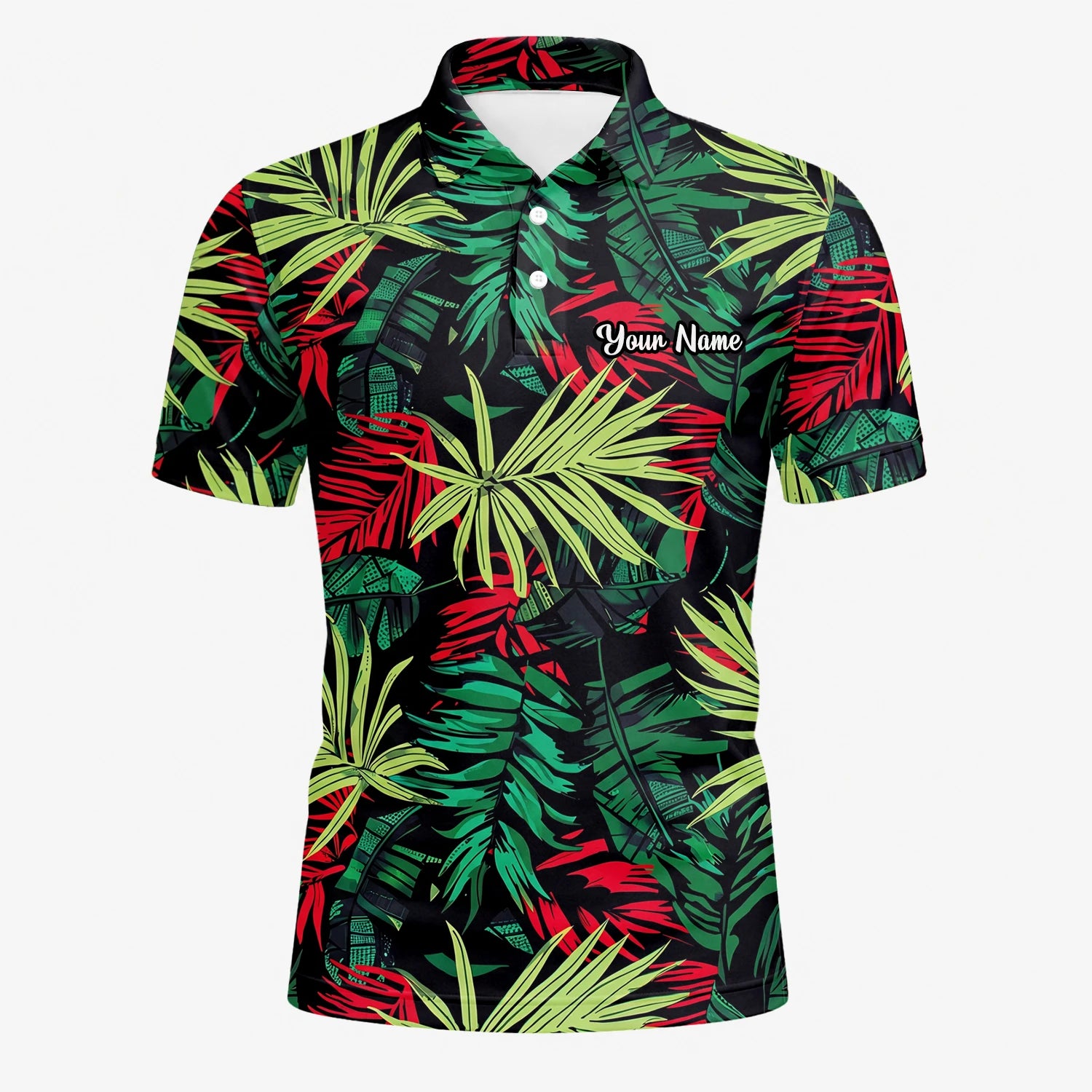 Personalised Black Green Red Tropical Leaf Golf Polo Shirt For Men U5191