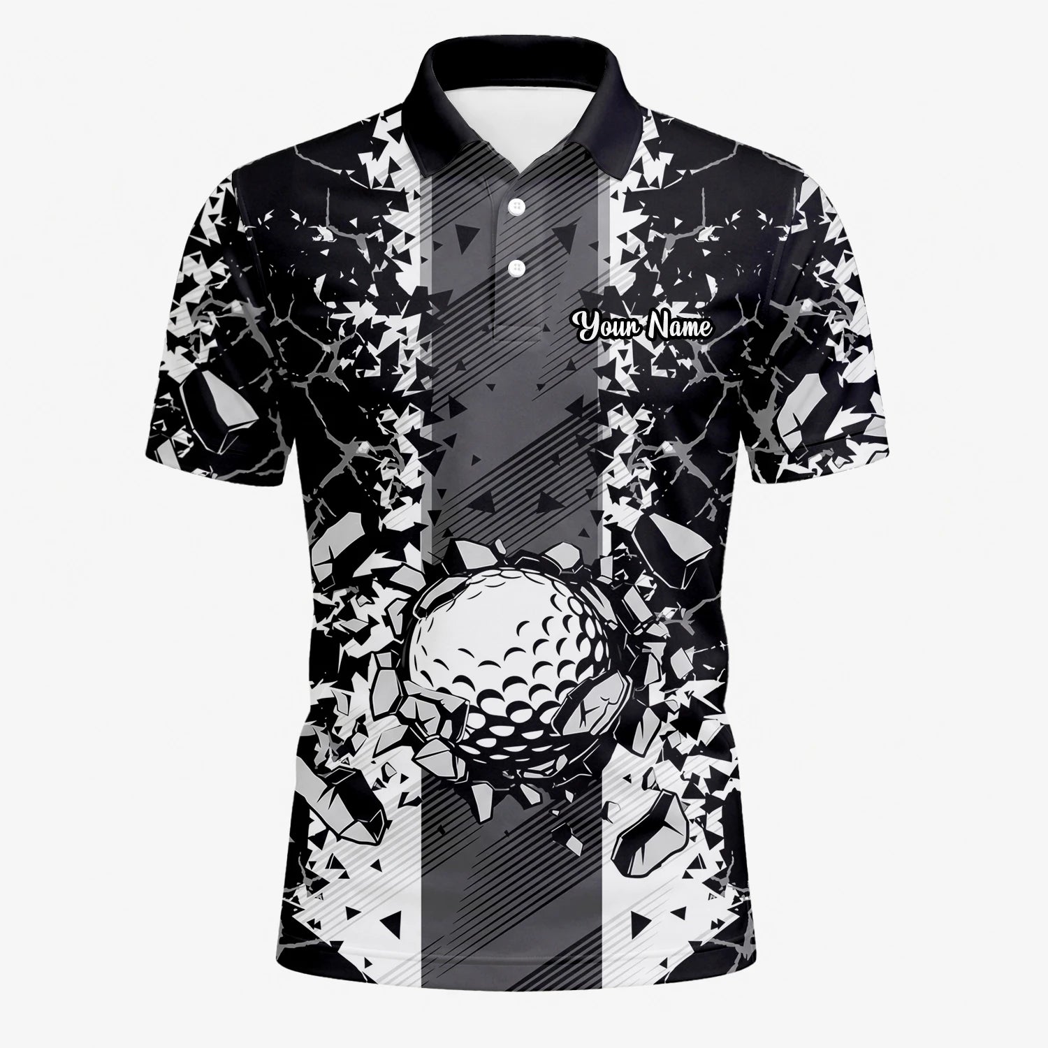 Personalised Black White Golf Ball Shattered Glass Golf Polo Shirt For Men F6407