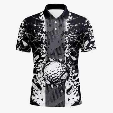 Personalised Black White Golf Ball Shattered Glass Golf Polo Shirt For Men F6407