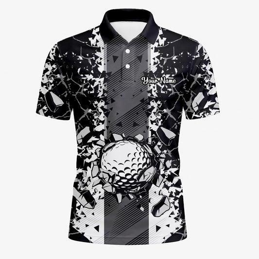Personalised Black White Golf Ball Shattered Glass Golf Polo Shirt For Men F6407