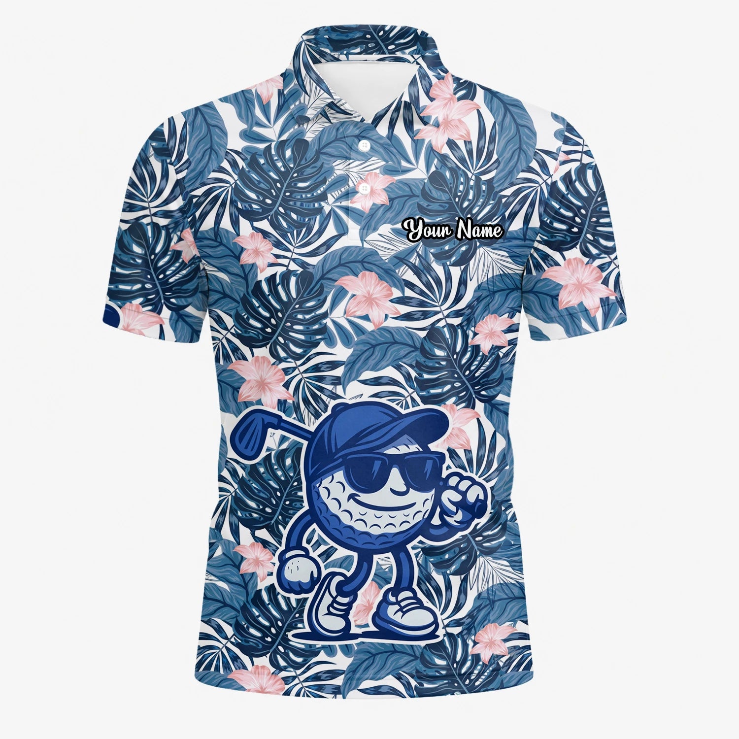 Personalised Navy Tropical Leaf Golf Ball Cartoon Golf Polo Shirt For Men I7191