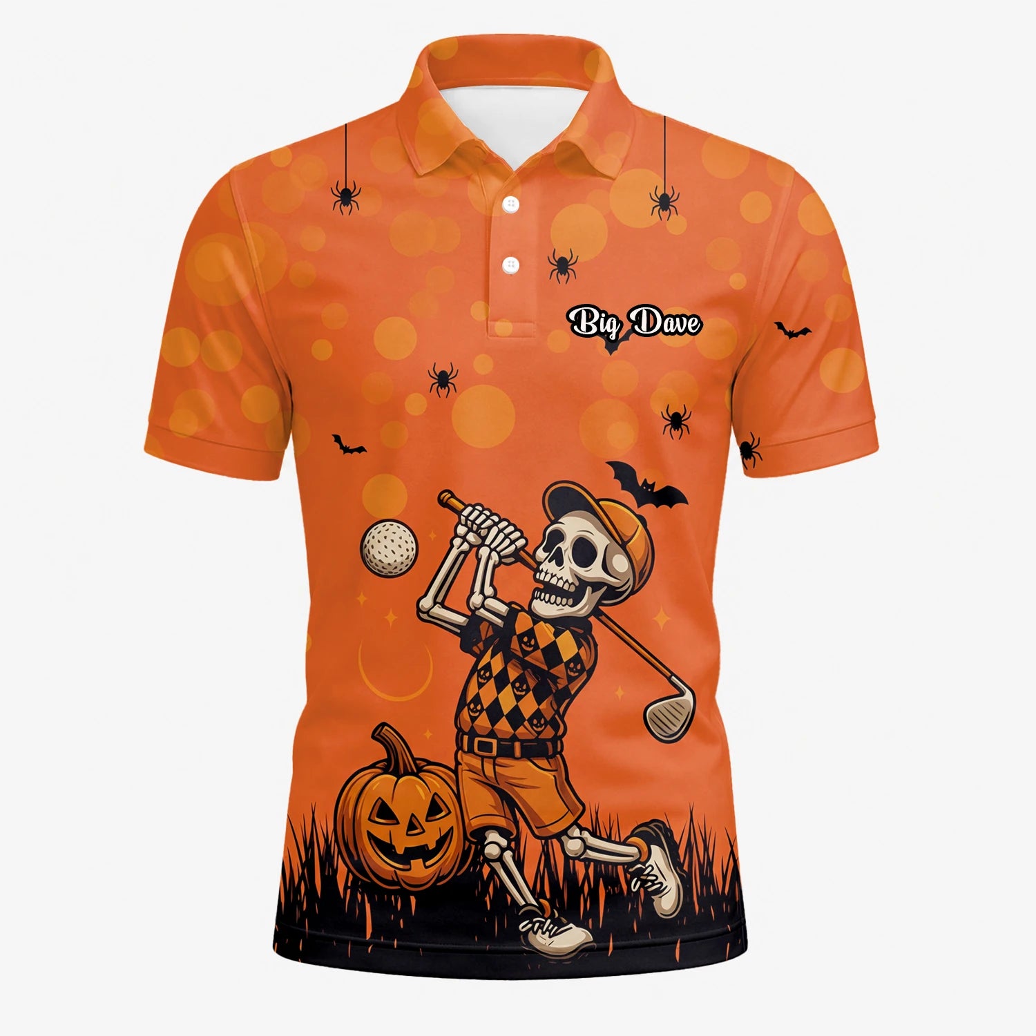 Personalised Orange Halloween Skeleton Golfer Golf Polo Shirt For Men D3851