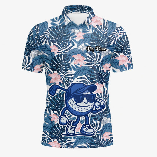 Personalised Navy Tropical Leaf Golf Ball Cartoon Golf Polo Shirt For Men I7191