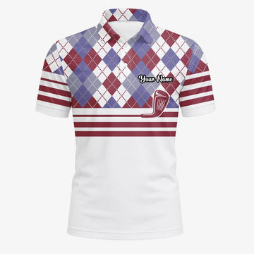 Personalised White Burgundy Argyle Golf Club Stripe Golf Polo Shirt For Men K9019