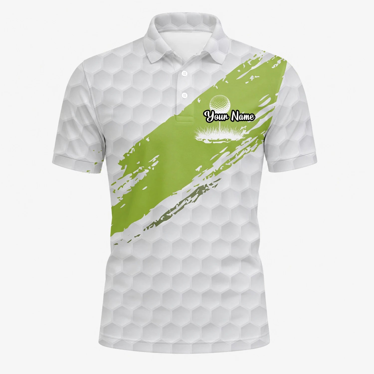 Personalised White Lime Golf Ball Texture Brush Stroke Golf Polo Shirt For Men M6914