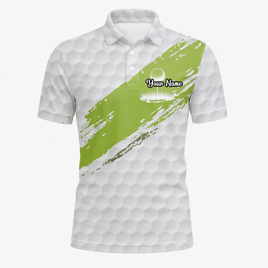 Personalised White Lime Golf Ball Texture Brush Stroke Golf Polo Shirt For Men M6914