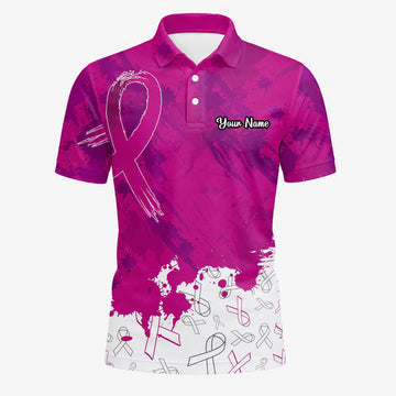Personalised Magenta Breast Cancer Awareness Ribbon Paint Splash Golf Polo Shirt For Men Q5636