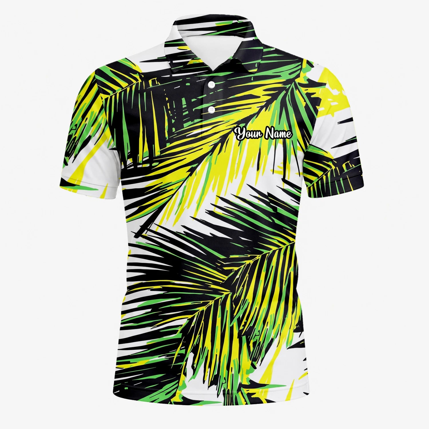 Personalised Black Lime Tropical Palm Leaf Golf Polo Shirt For Men R3070