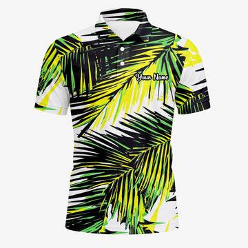 Personalised Black Lime Tropical Palm Leaf Golf Polo Shirt For Men R3070