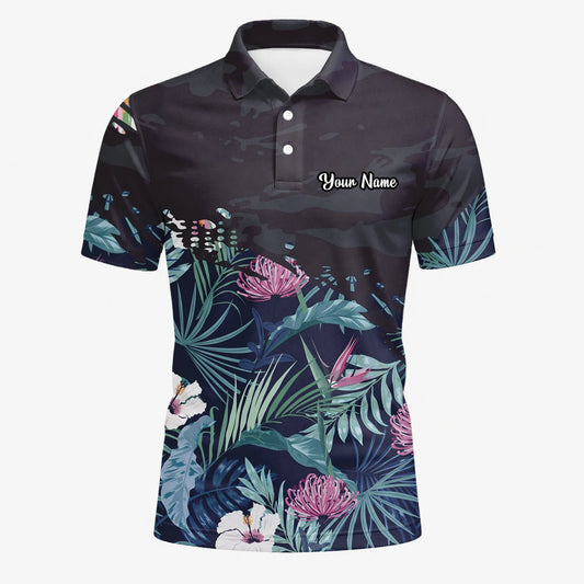 Personalised Navy Tropical Floral Leaf Golf Polo Shirt For Men N4110