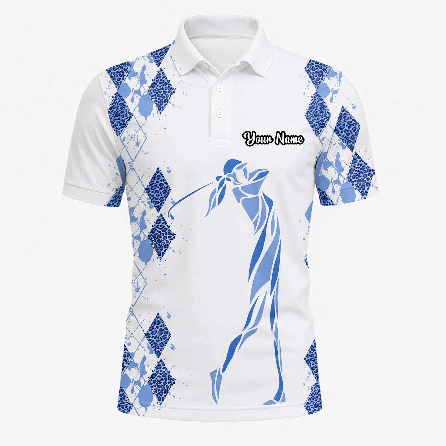 Personalised White Blue Argyle Golfer Silhouette Golf Polo Shirt For Men M6672