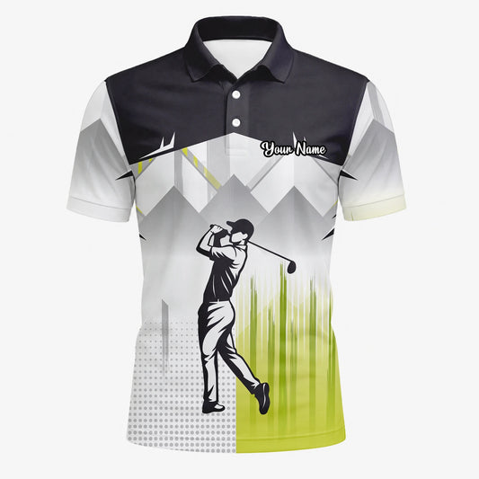 Personalised Black Grey Lime Golfer Silhouette Golf Polo Shirt For Men F4552