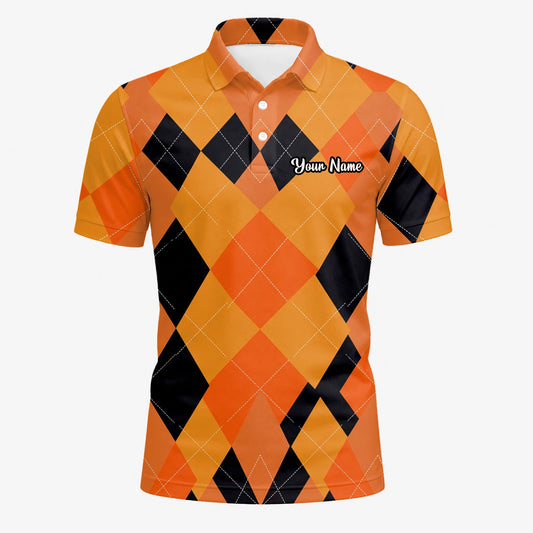 Personalised Orange Black Argyle Diamond Golf Polo Shirt For Men C4203