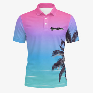 Personalised Pink Blue Palm Beach Sunset Golf Polo Shirt For Men Q3519