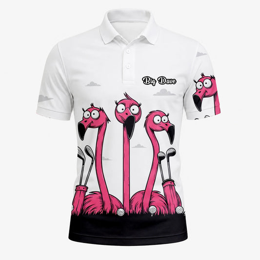 Personalised White Pink Flamingo Cartoon Golf Polo Shirt For Men I6113