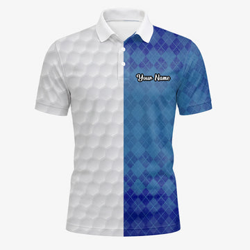 Personalised White Blue Argyle Golf Ball Texture Golf Polo Shirt For Men M9214