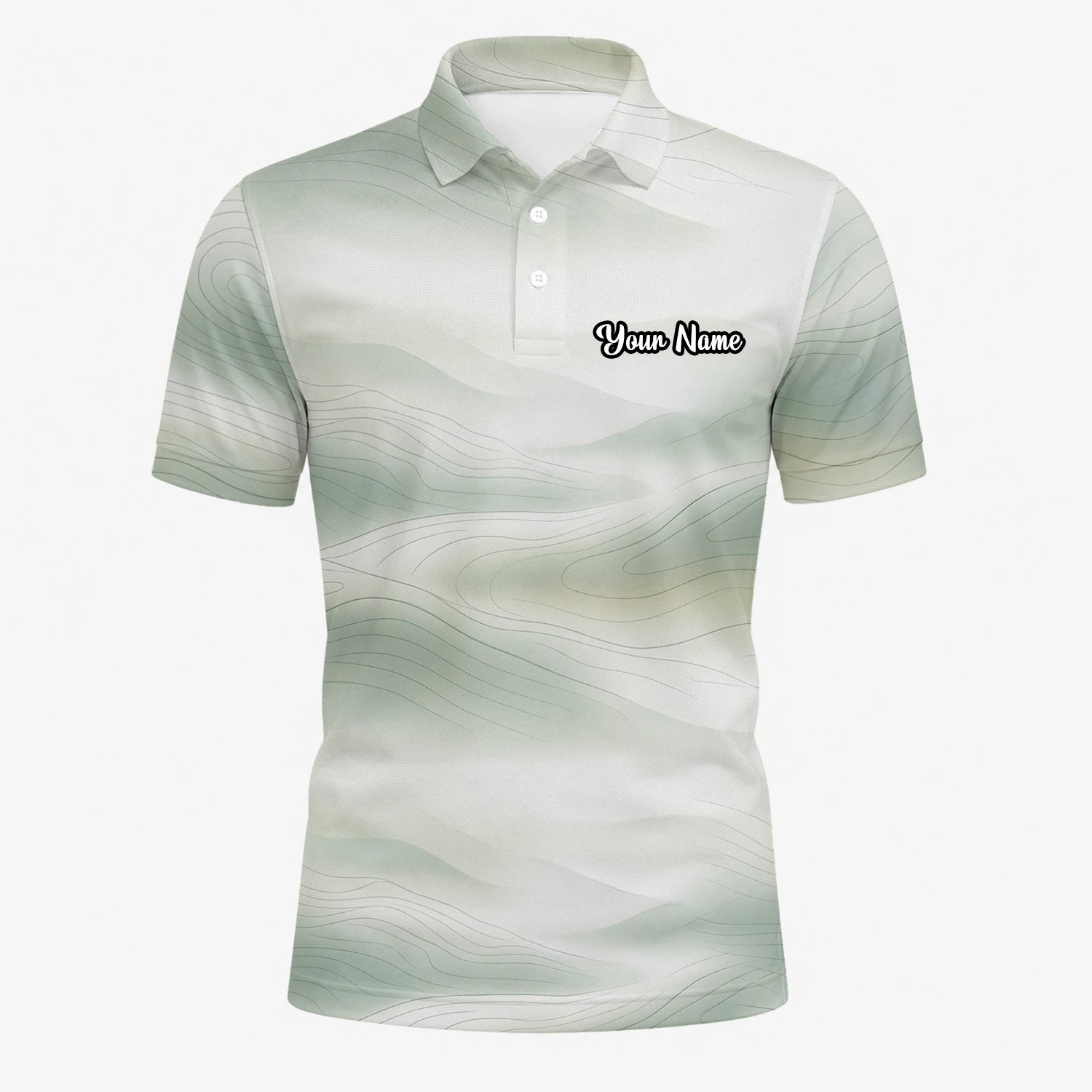 Personalised White Sage Green Abstract Wave Golf Polo Shirt For Men F8070