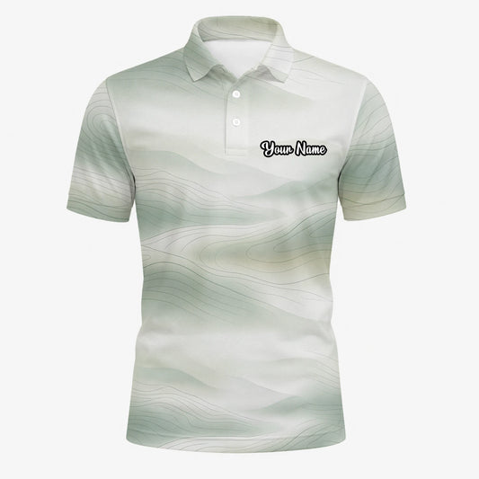 Personalised White Sage Green Abstract Wave Golf Polo Shirt For Men F8070