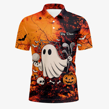 Personalised Orange Halloween Ghost Golfer Golf Polo Shirt For Men M0695