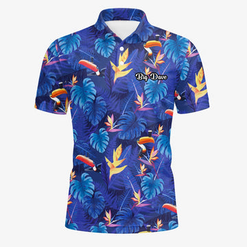Personalised Navy Blue Tropical Toucan Leaf Golf Polo Shirt For Men S1836