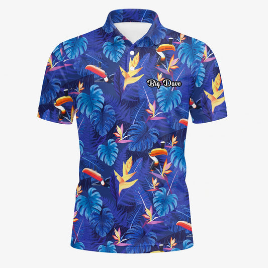 Personalised Navy Blue Tropical Toucan Leaf Golf Polo Shirt For Men S1836