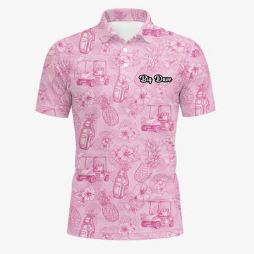 Personalised Pink Golf Cart Floral Toile Golf Polo Shirt For Men T8127