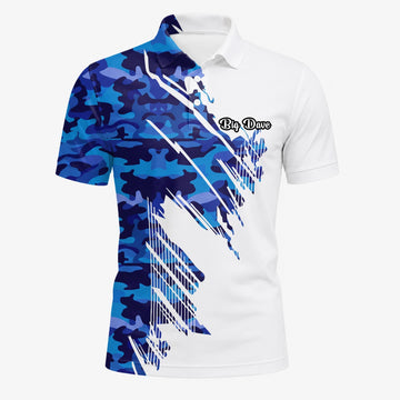 Personalised White Blue Camo Brush Stroke Golf Polo Shirt For Men M3845
