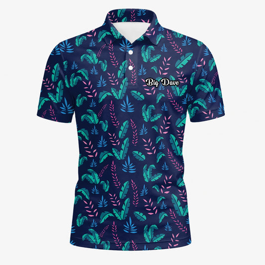 Personalised Navy Teal Tropical Leaf Golf Polo Shirt For Men S8145