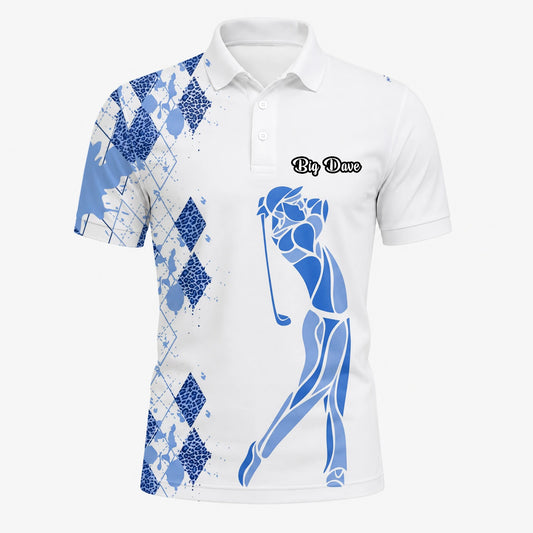 Personalised White Blue Argyle Golfer Silhouette Golf Polo Shirt For Men V2037
