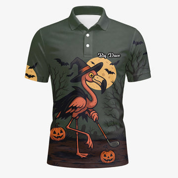 Personalised Olive Halloween Flamingo Witch Golfer Pumpkin Golf Polo Shirt For Men X5811